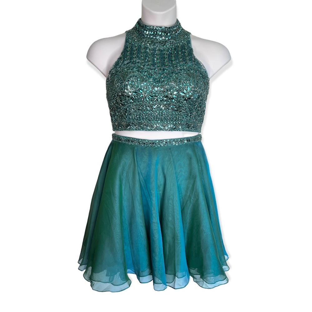 Sherri Hill Two Piece Beaded Formal Mini Dress Set Jade Green Size 12